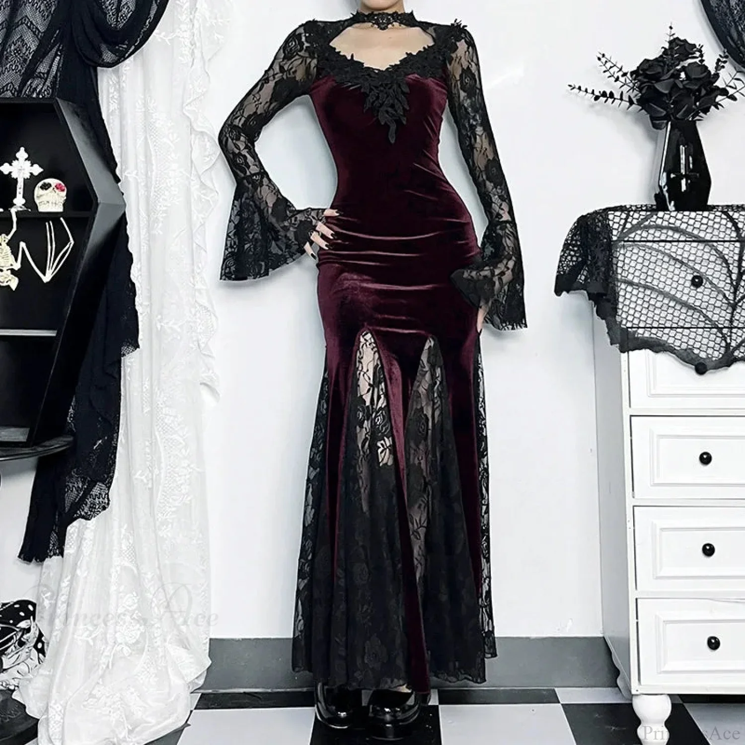 Patchwork Velvet Long Sleeve Midi Dress - Image 5