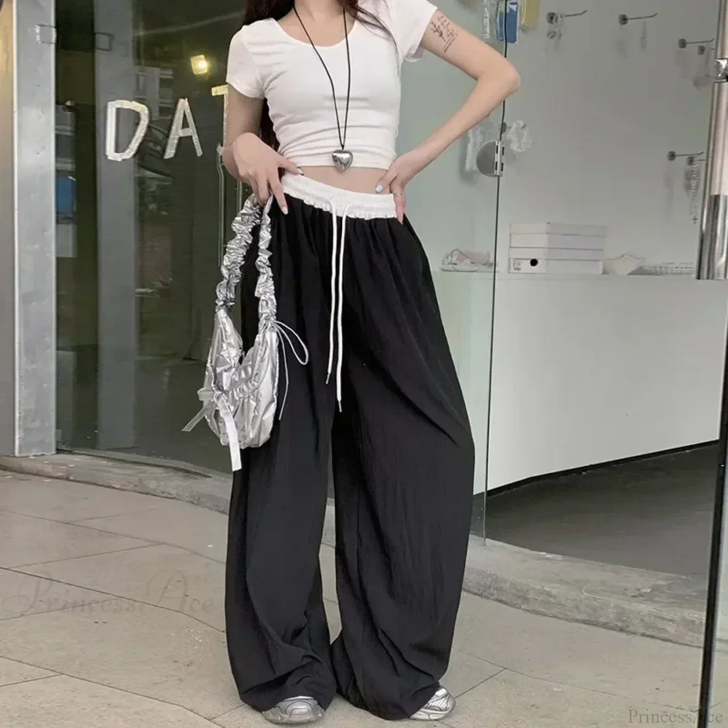 Patchwork Wide Leg Casual Drape Straight Pant - Image 3