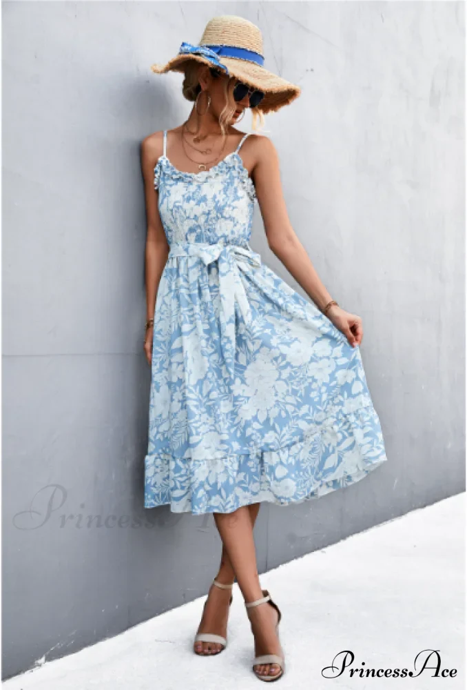 Patterned Sling Strap Flounce Dress