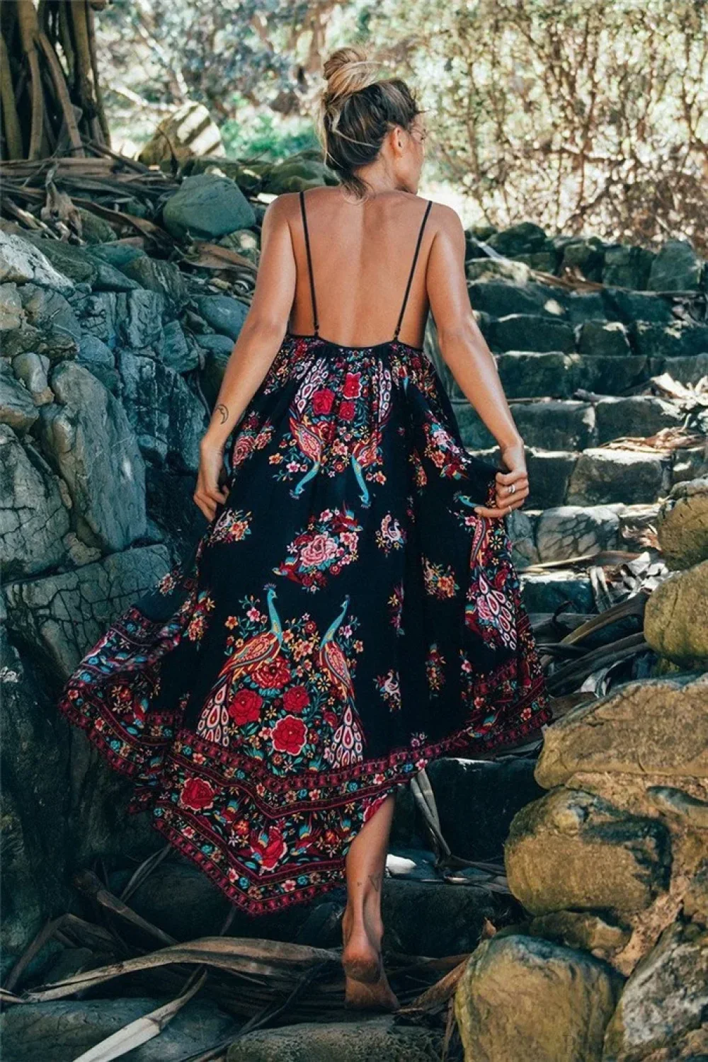 Peacock Floral Print Sleeveless Beach Bohemian Maxi Boho Dress - Image 2