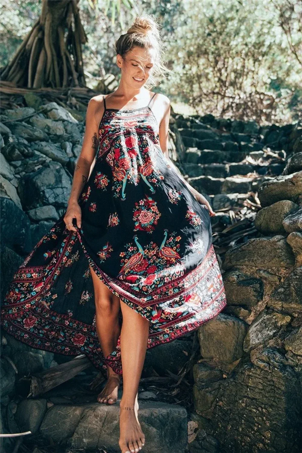 Peacock Floral Print Sleeveless Beach Bohemian Maxi Boho Dress - Image 6
