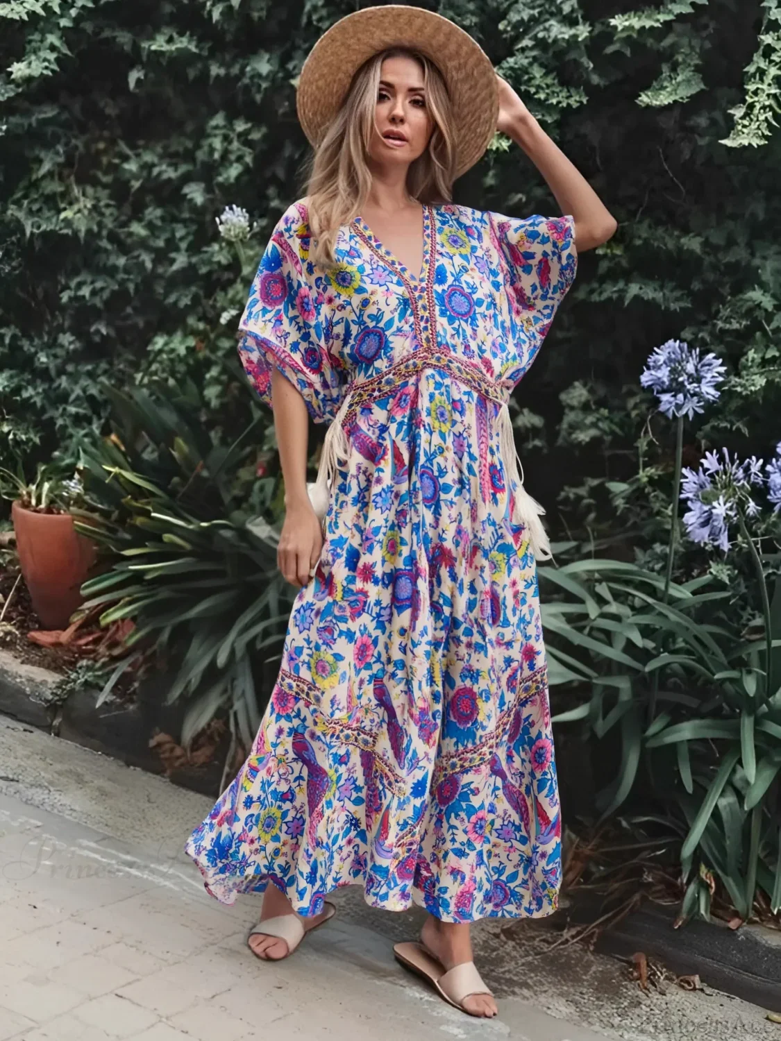 Peacock Floral Print V-neck Tassel Rayon Vacation Boho Dress - Image 2