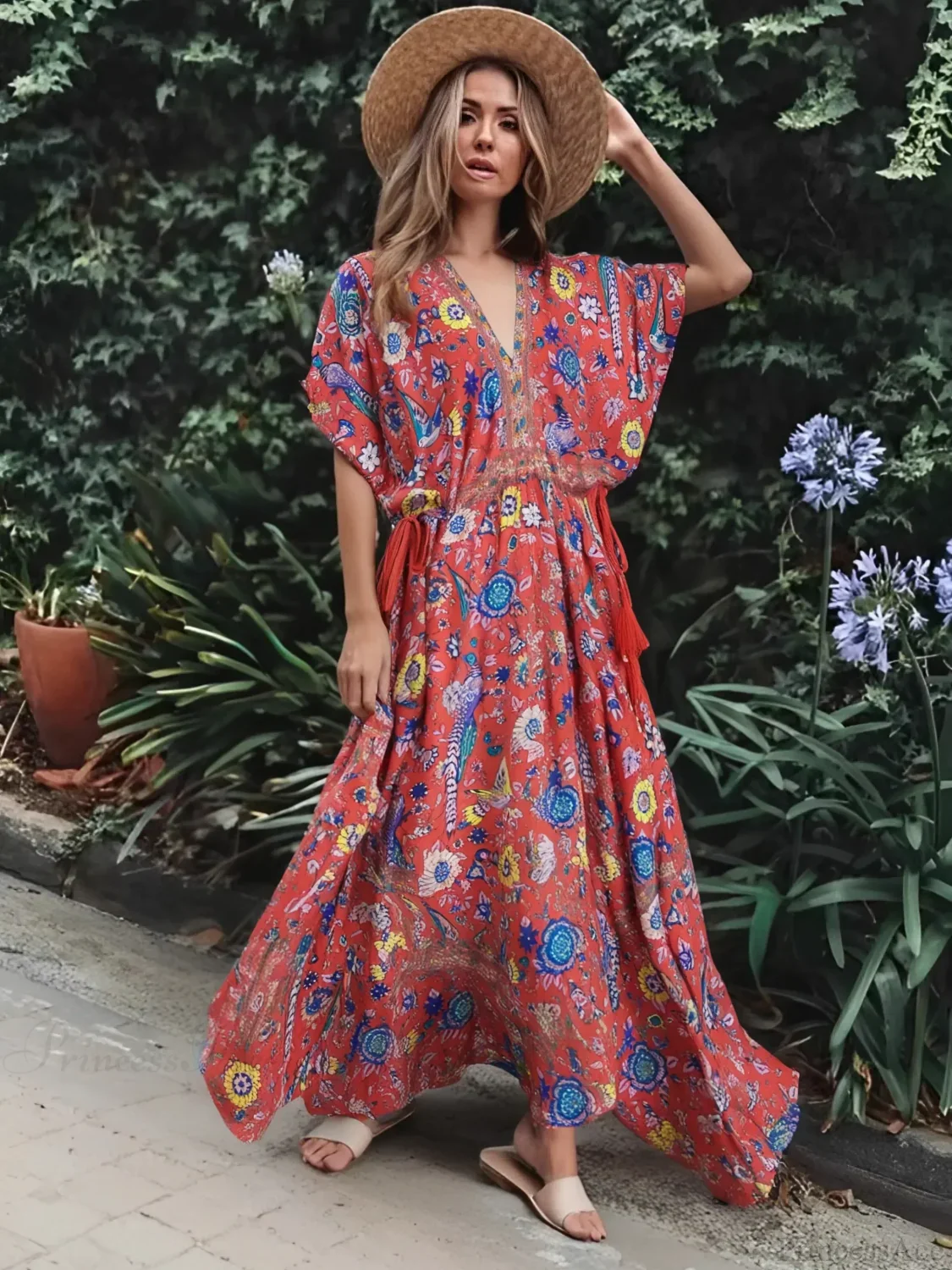 Peacock Floral Print V-neck Tassel Rayon Vacation Boho Dress - Image 3