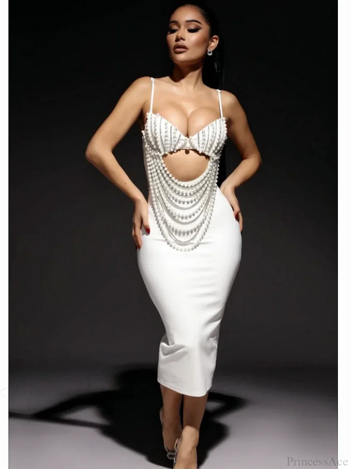 Pearl Beaded Spaghetti Strap Midi Party Dress - Image 5
