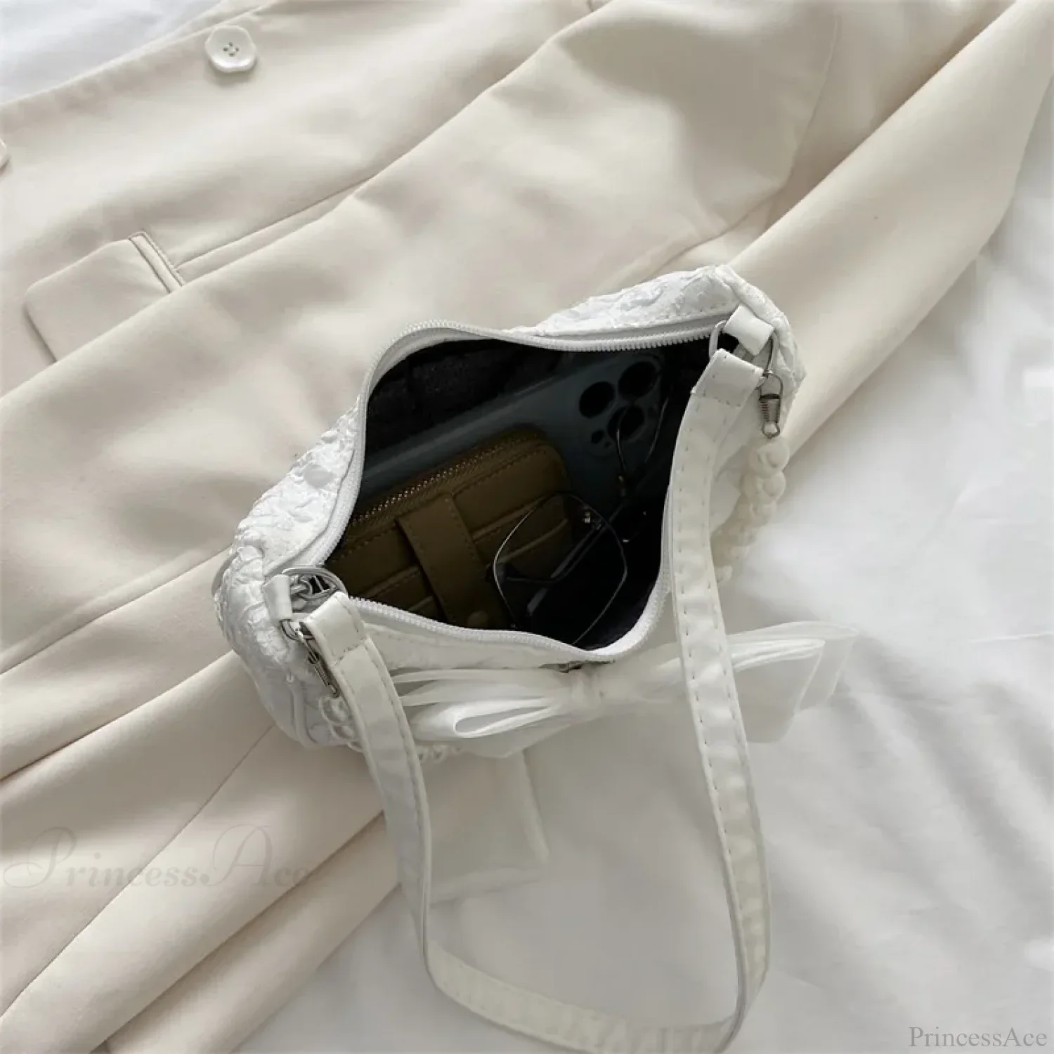 Pearl Bow Crossbody Canvas Shoulder Handbag - Image 4