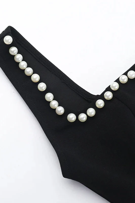 Pearl Trim Square Neck Party Dress - Image 5