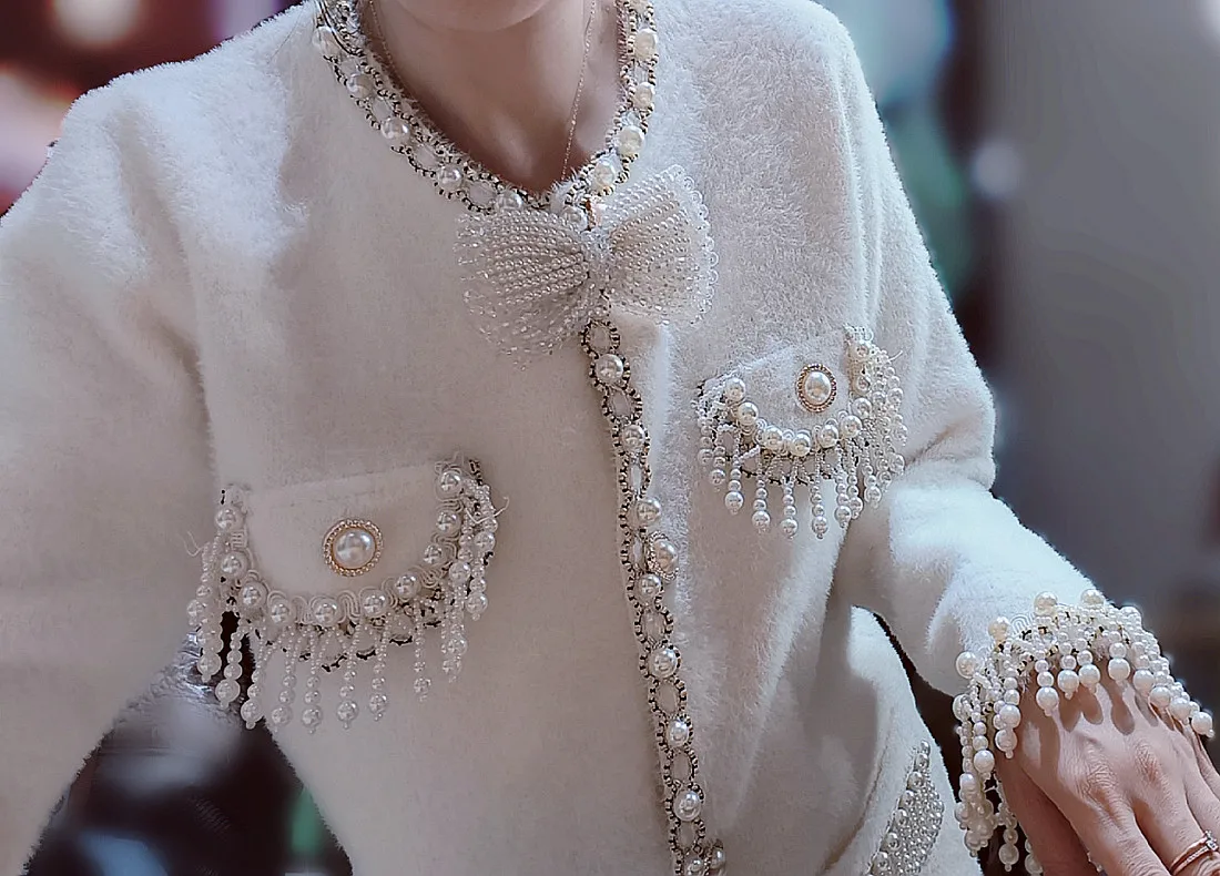 Pearls Tassels Fringed Bow Cardigan - Image 2