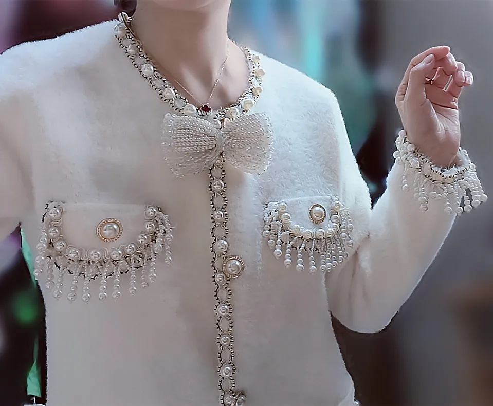 Pearls Tassels Fringed Bow Cardigan - Image 3