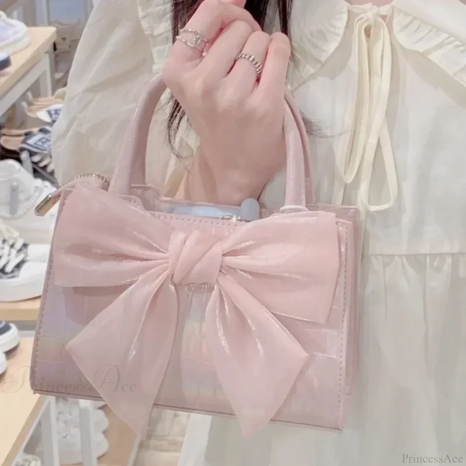 Pink Bowknot Small Square Crossbody Handbag - Image 3
