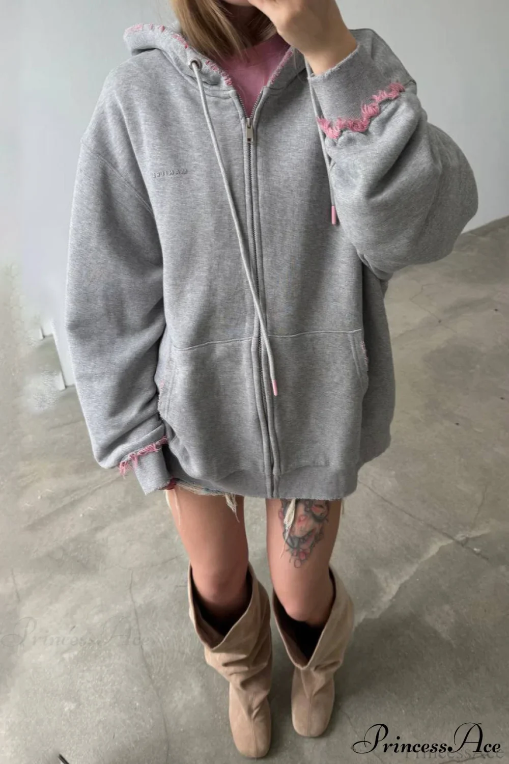 Pink Distressed Zip Loose Hoodie - Image 2