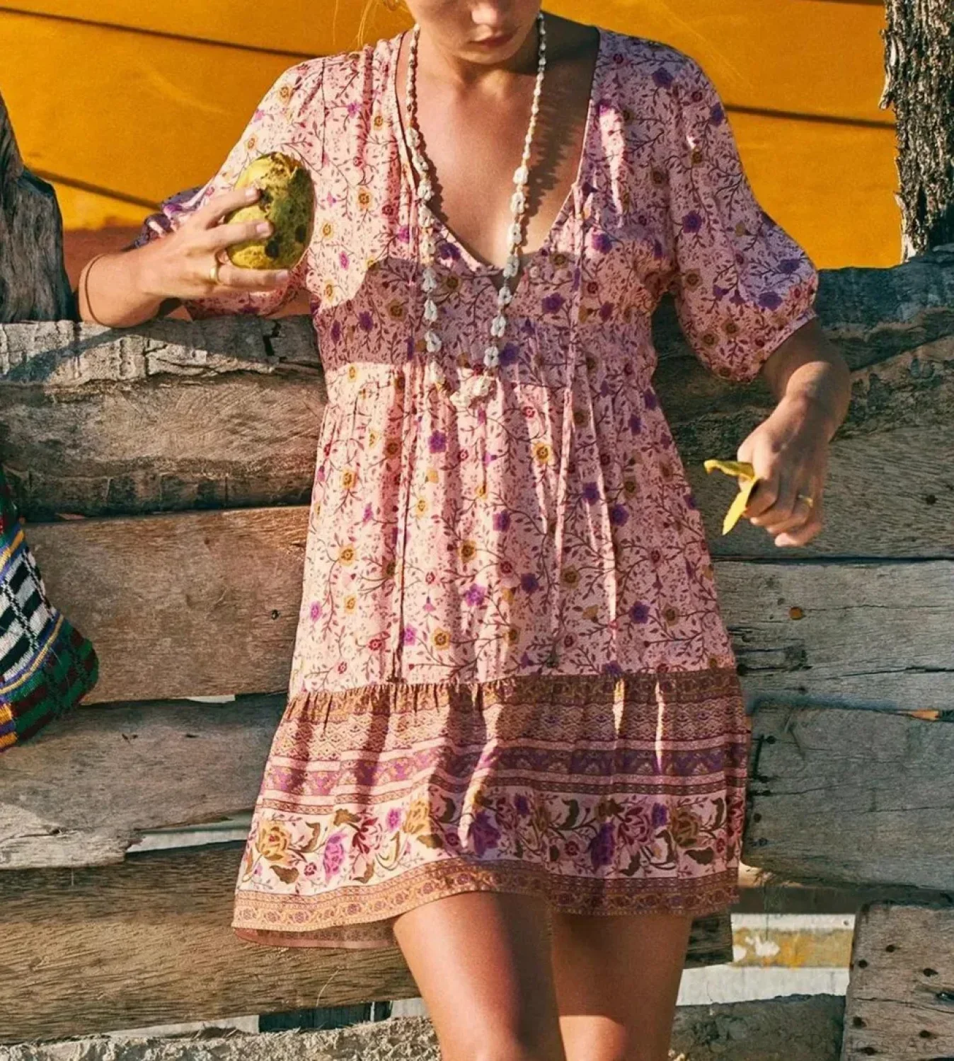 Pink Floral Print Robe A-line Mini Dress Women Beach Boho Summer Dress - Image 2