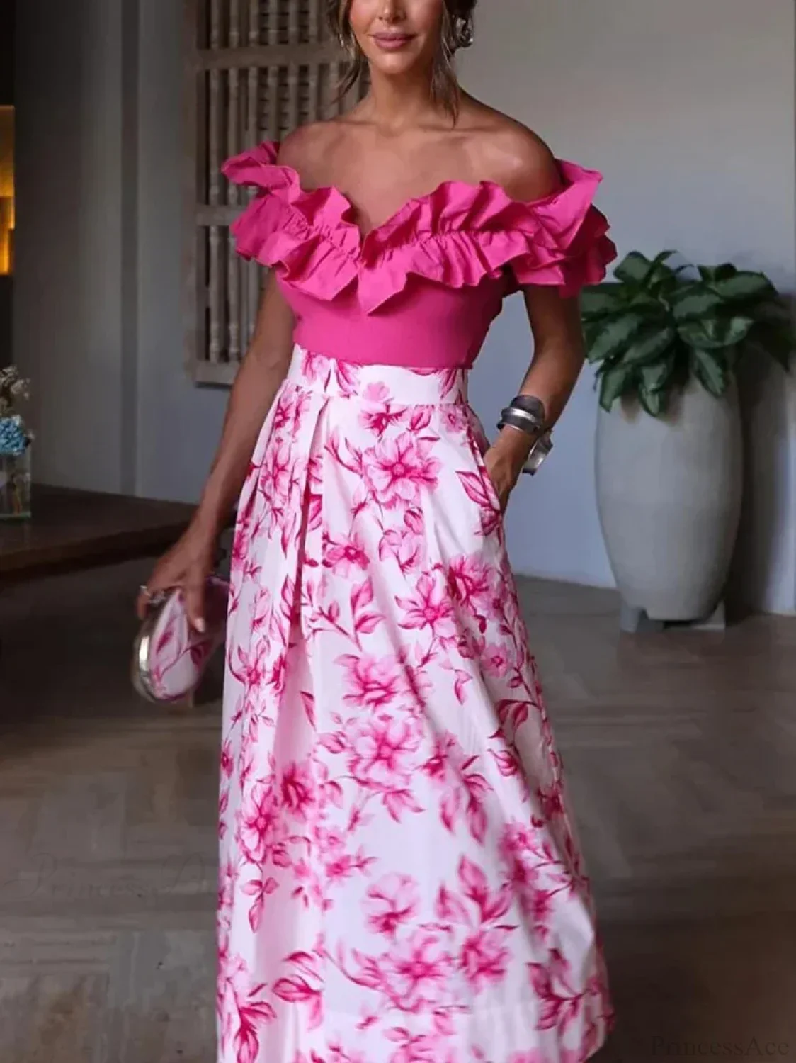Pink Floral Printed Casual Pleated Skirt High Waist Zip - Image 2