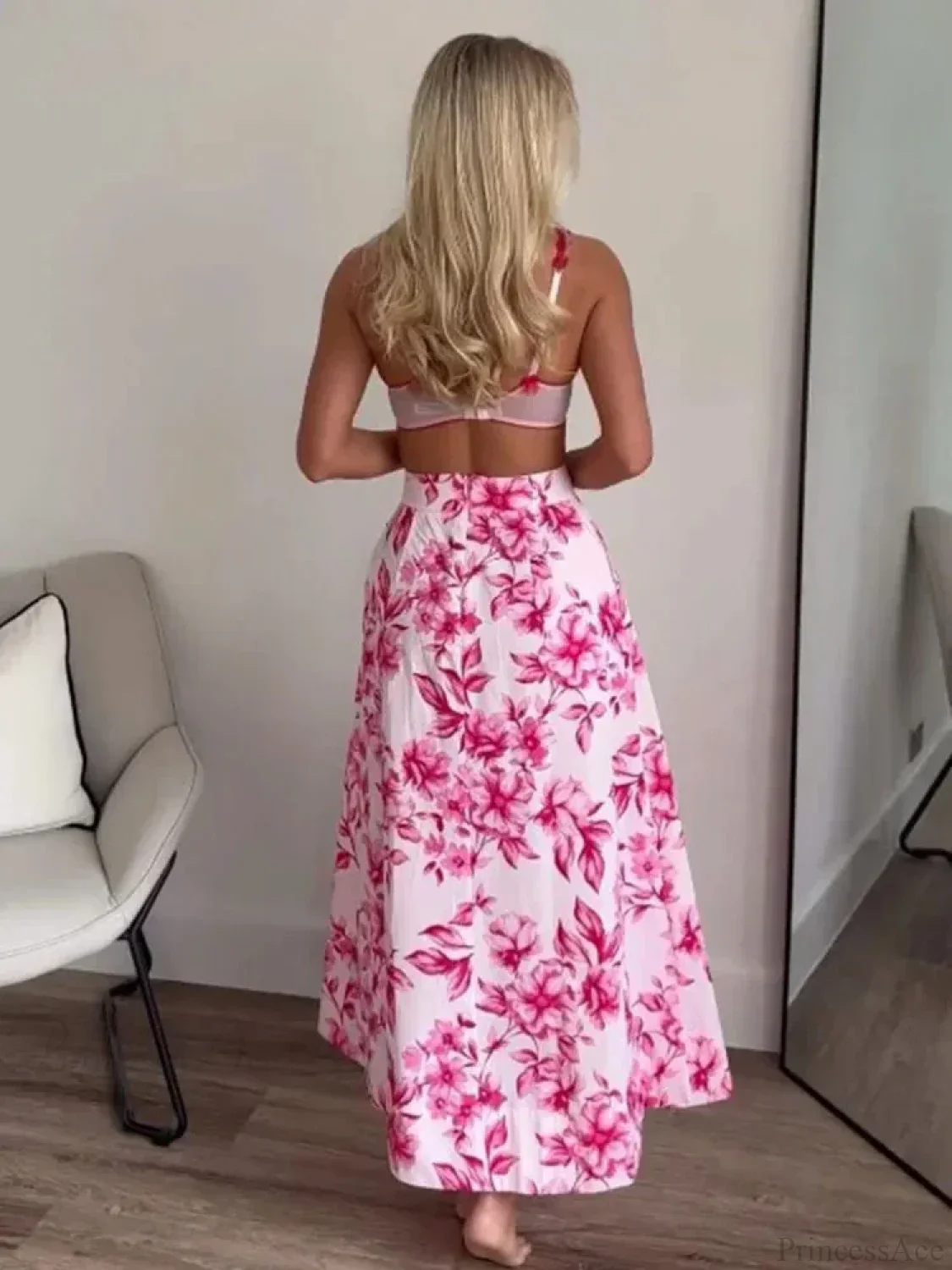 Pink Floral Printed Casual Pleated Skirt High Waist Zip - Image 5
