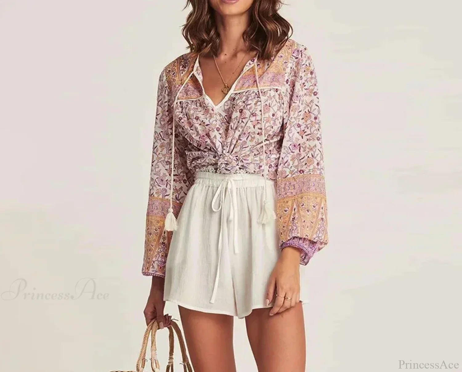 Pink Floral Printed Loose Long Sleeve Boho Blouse - Image 4
