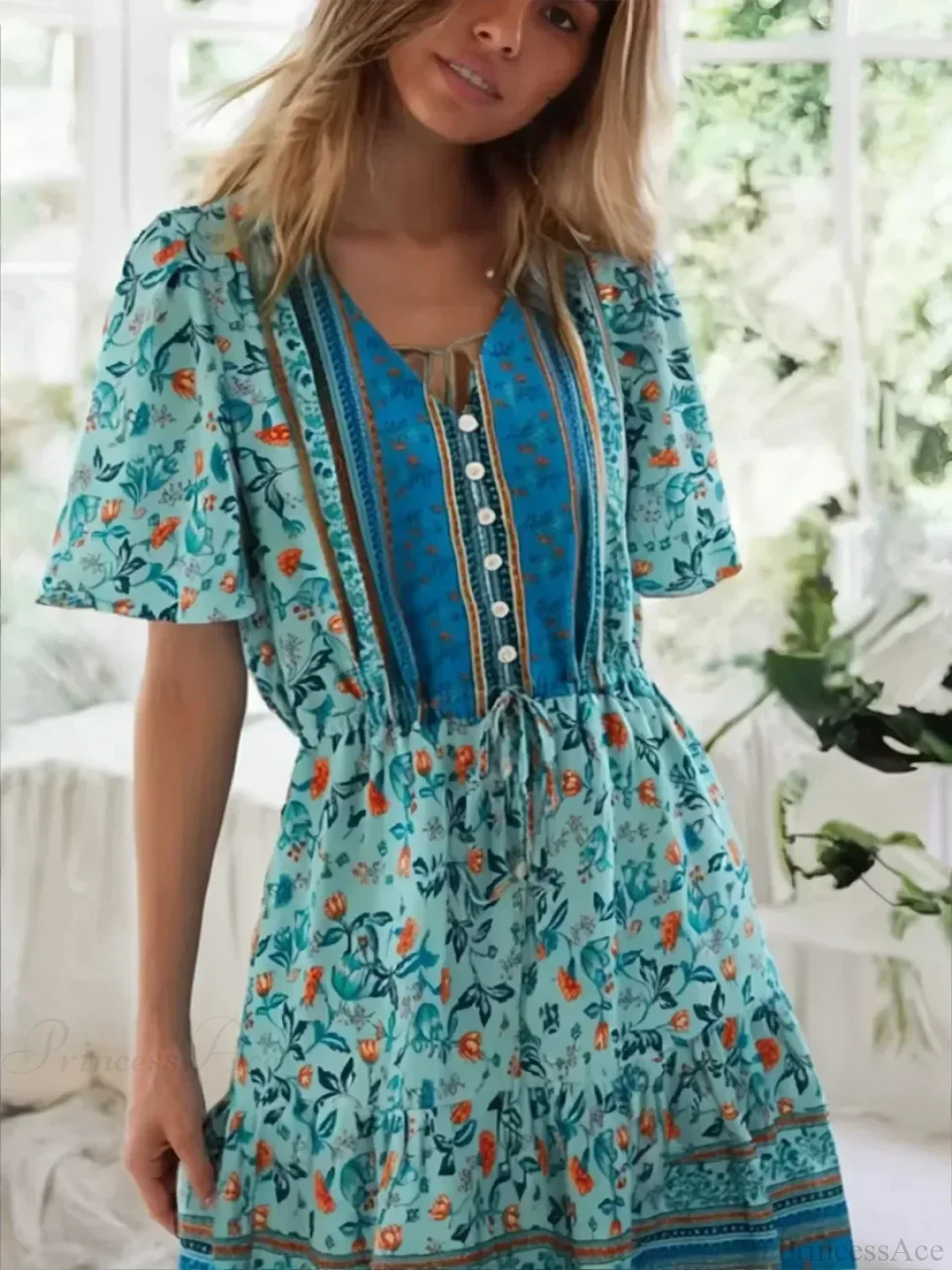 Pink Floral Short Sleeve Loose V-neck Mini Boho Dress - Image 3