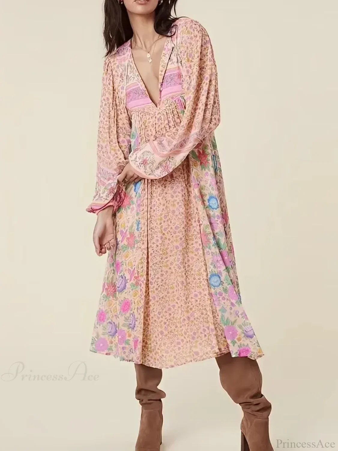Pink Floral Square Collar Short Sleeve Boho Dress