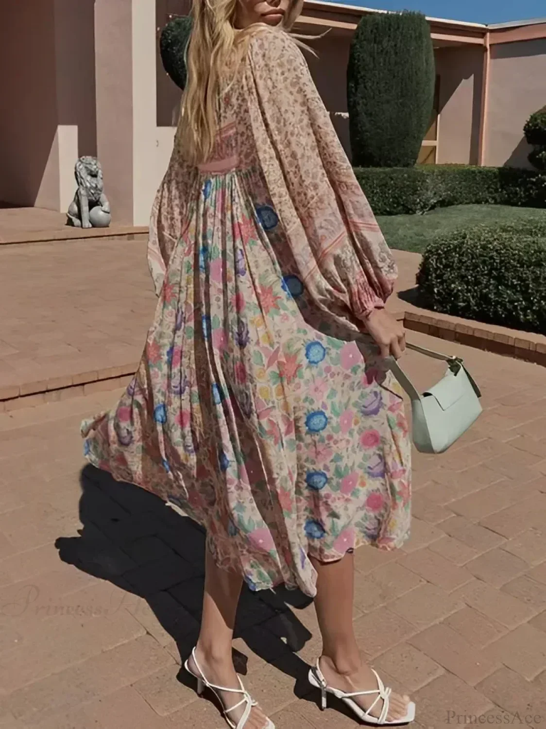 Pink Floral Square Collar Short Sleeve Boho Dress - Image 2