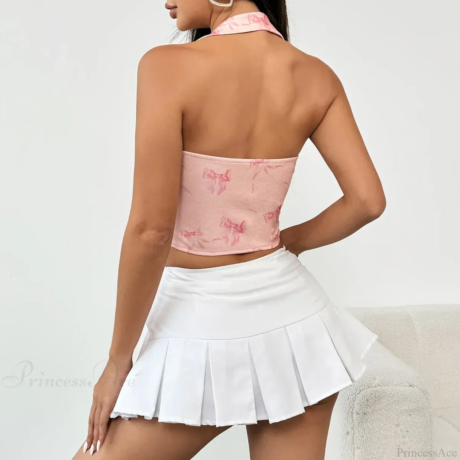 Pink Halter-neck Printed Bandage Sleeveless Crop Top - Image 2