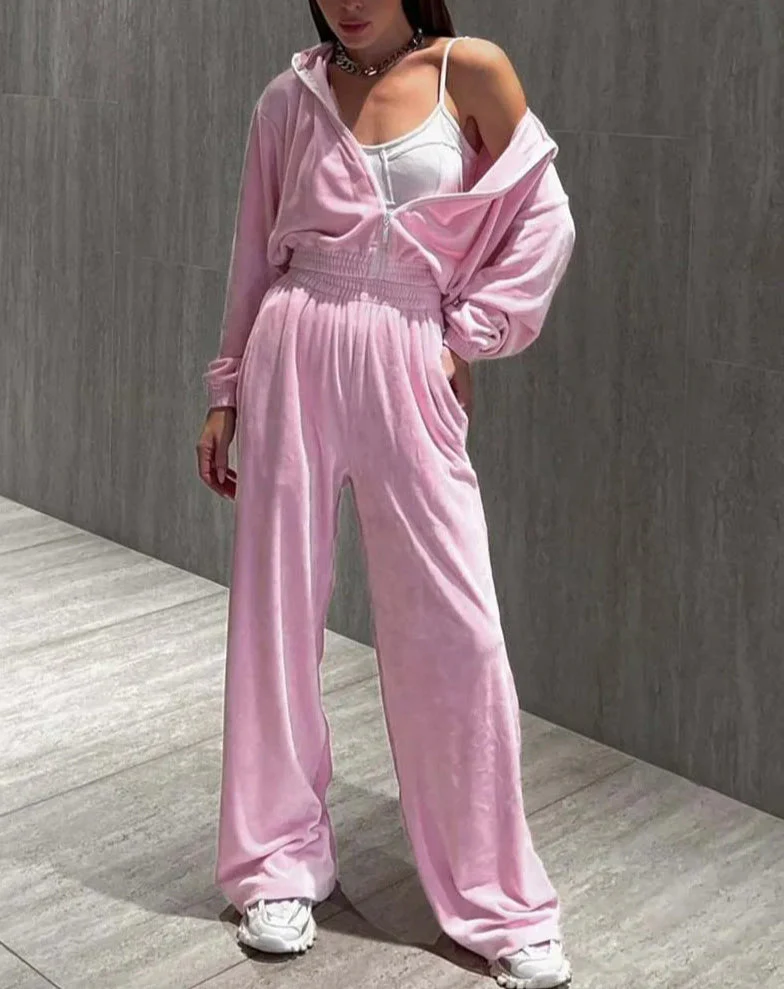 Pink Knitting Zipper Straight Trousers Office Two Piece Set - Image 2