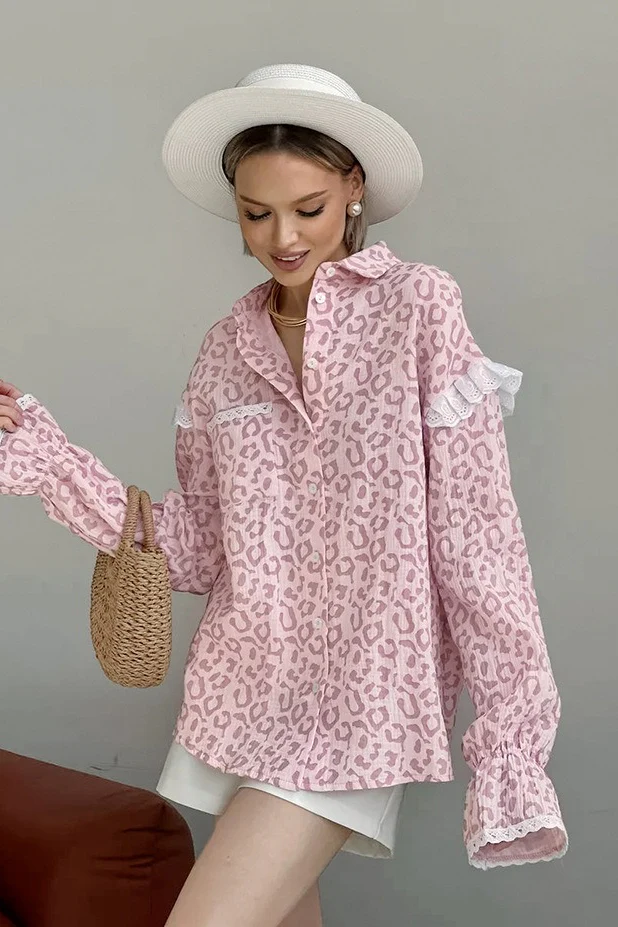 Pink Leopard Print Fashion Ruffle Blouse - Image 2