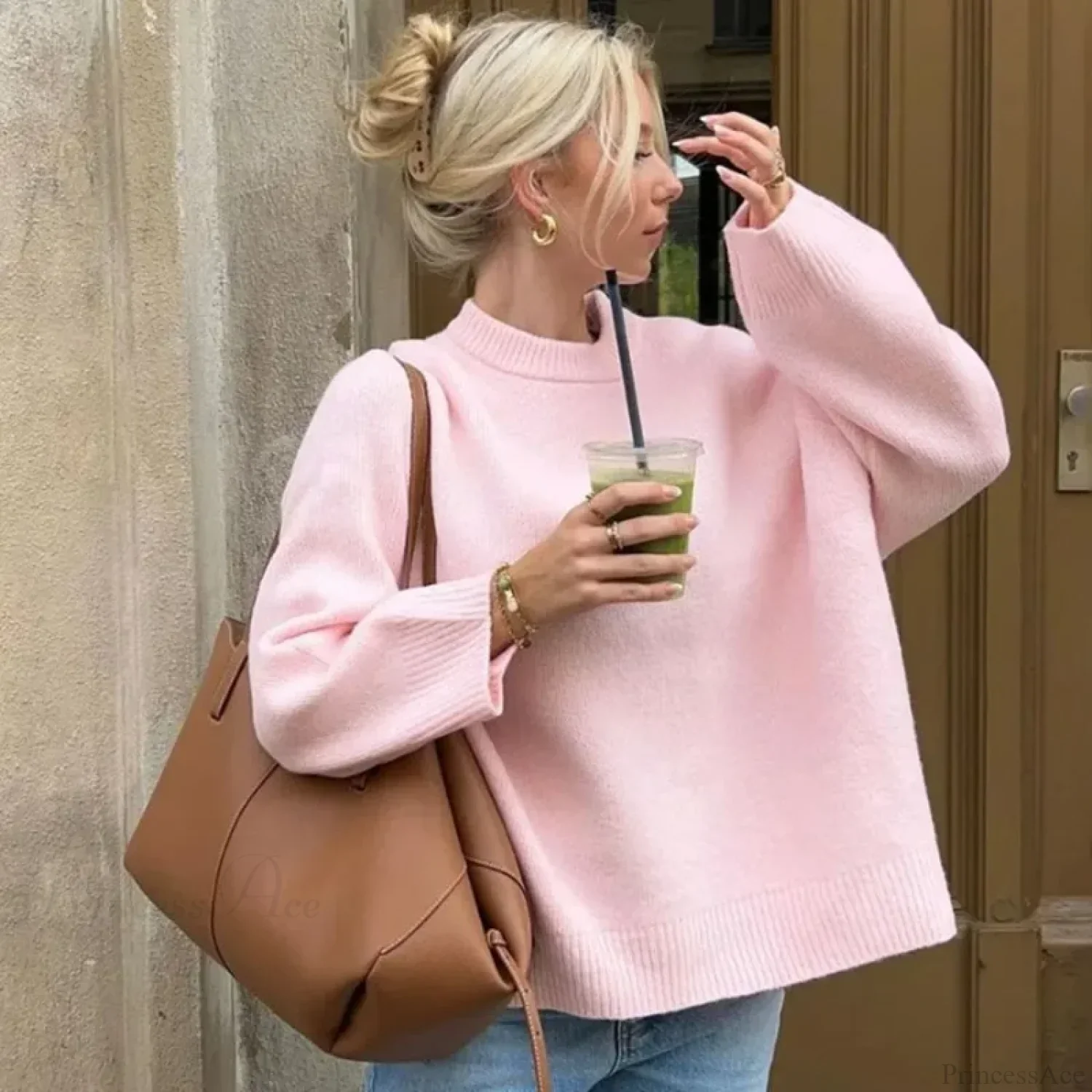 Pink O-neck Loose Casual Pullover Sweater