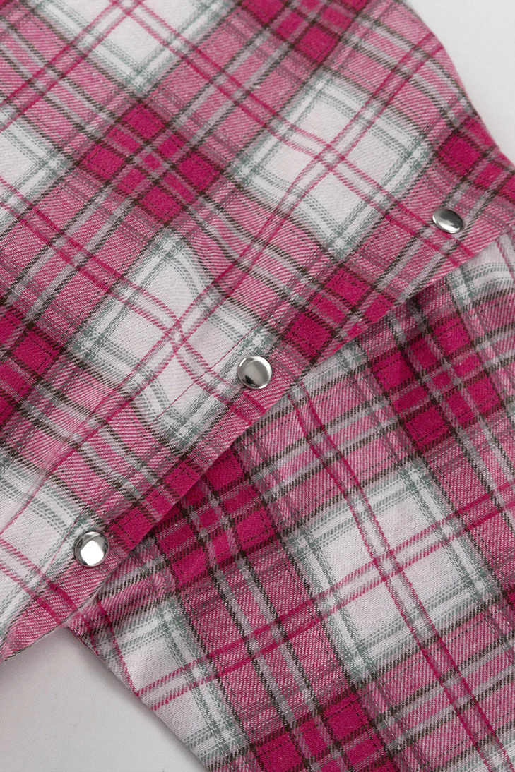 Pink Plaid Loose Fit Button-Up Blouse - Image 6