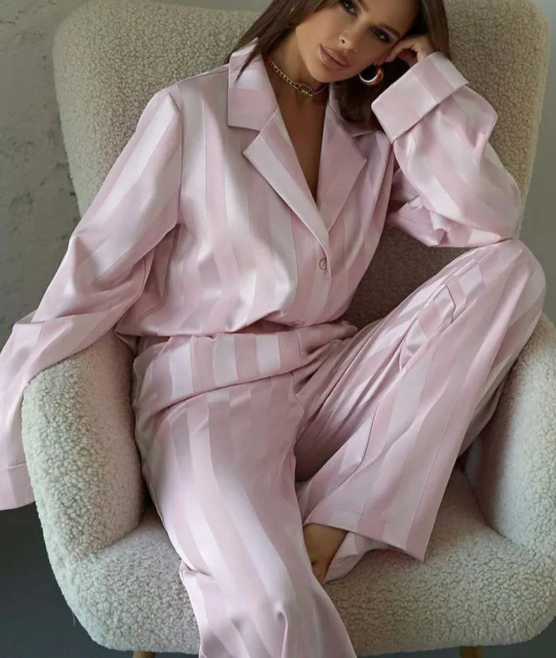 Pink Print Lapel Full Pants Office Two Piece Set - Image 2