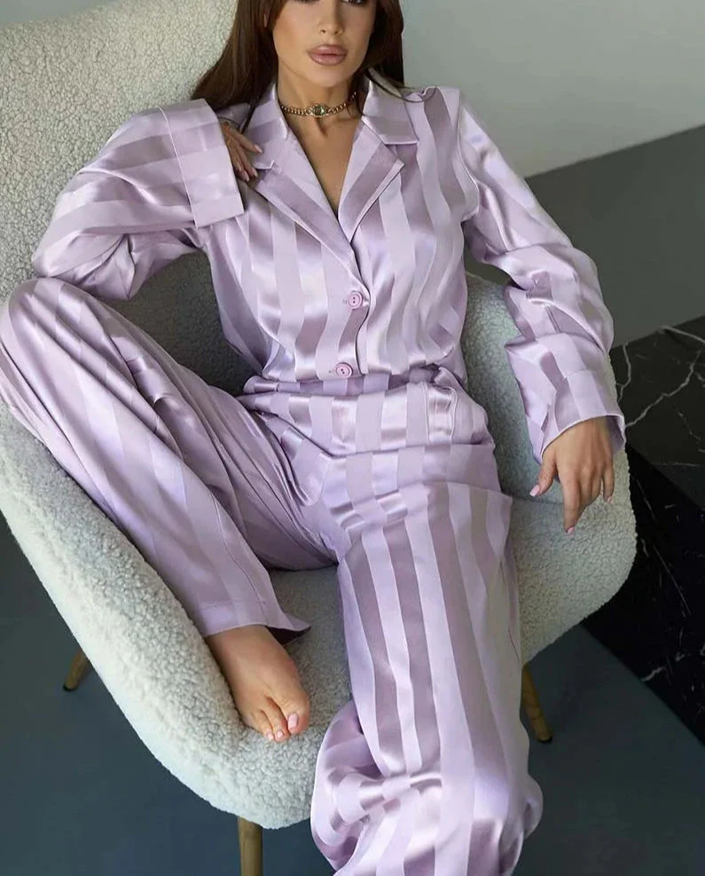Pink Print Lapel Full Pants Office Two Piece Set - Image 3