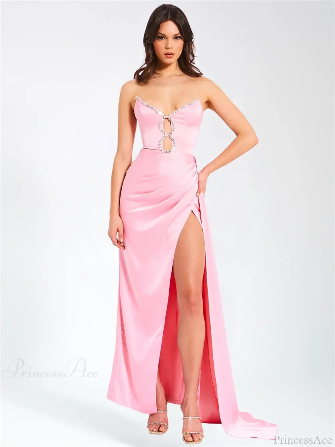 Pink Satin Strapless Party Dress - Image 7