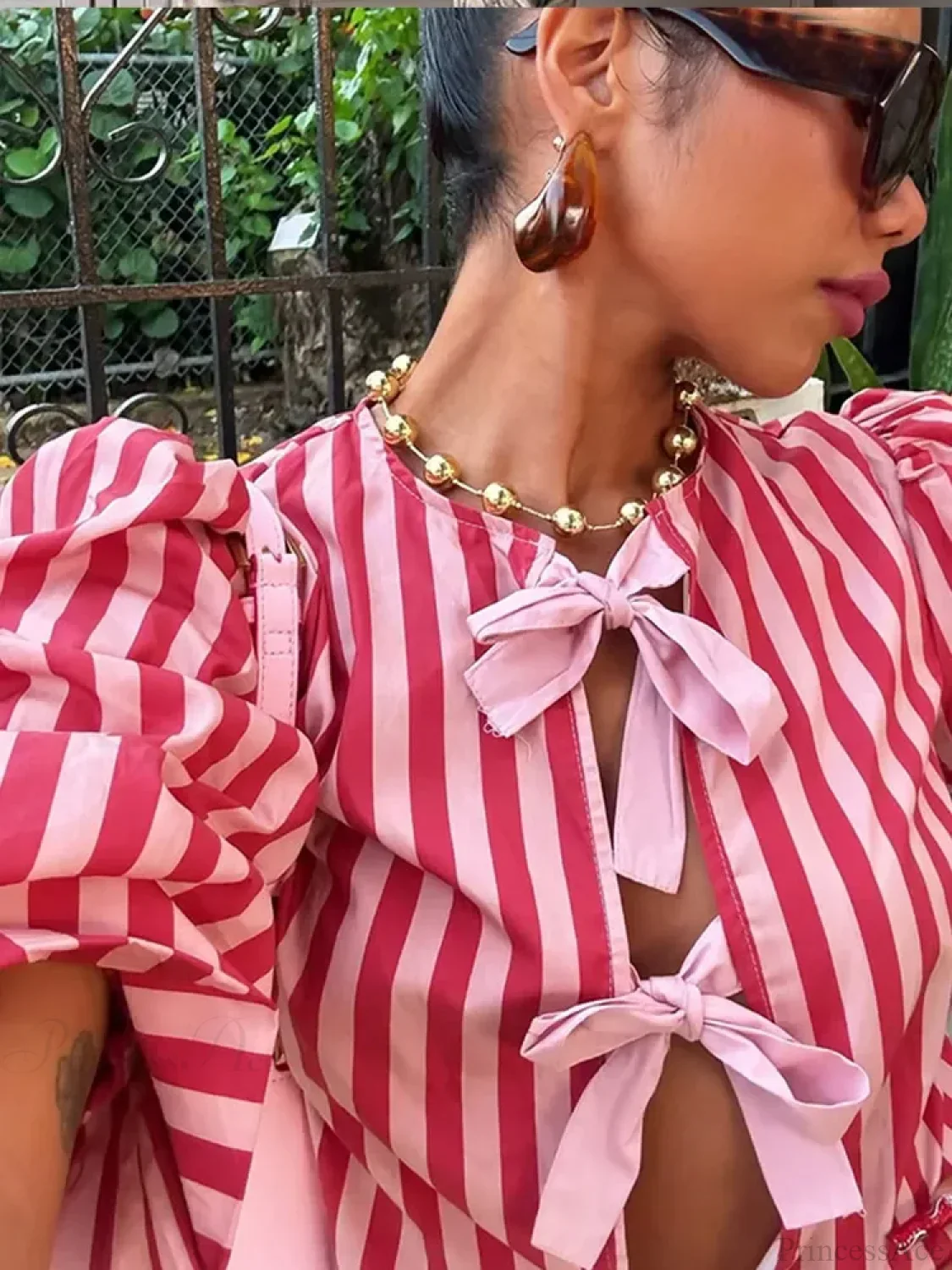 Pink Stripe Bow Lace Up Short Blouse - Image 5