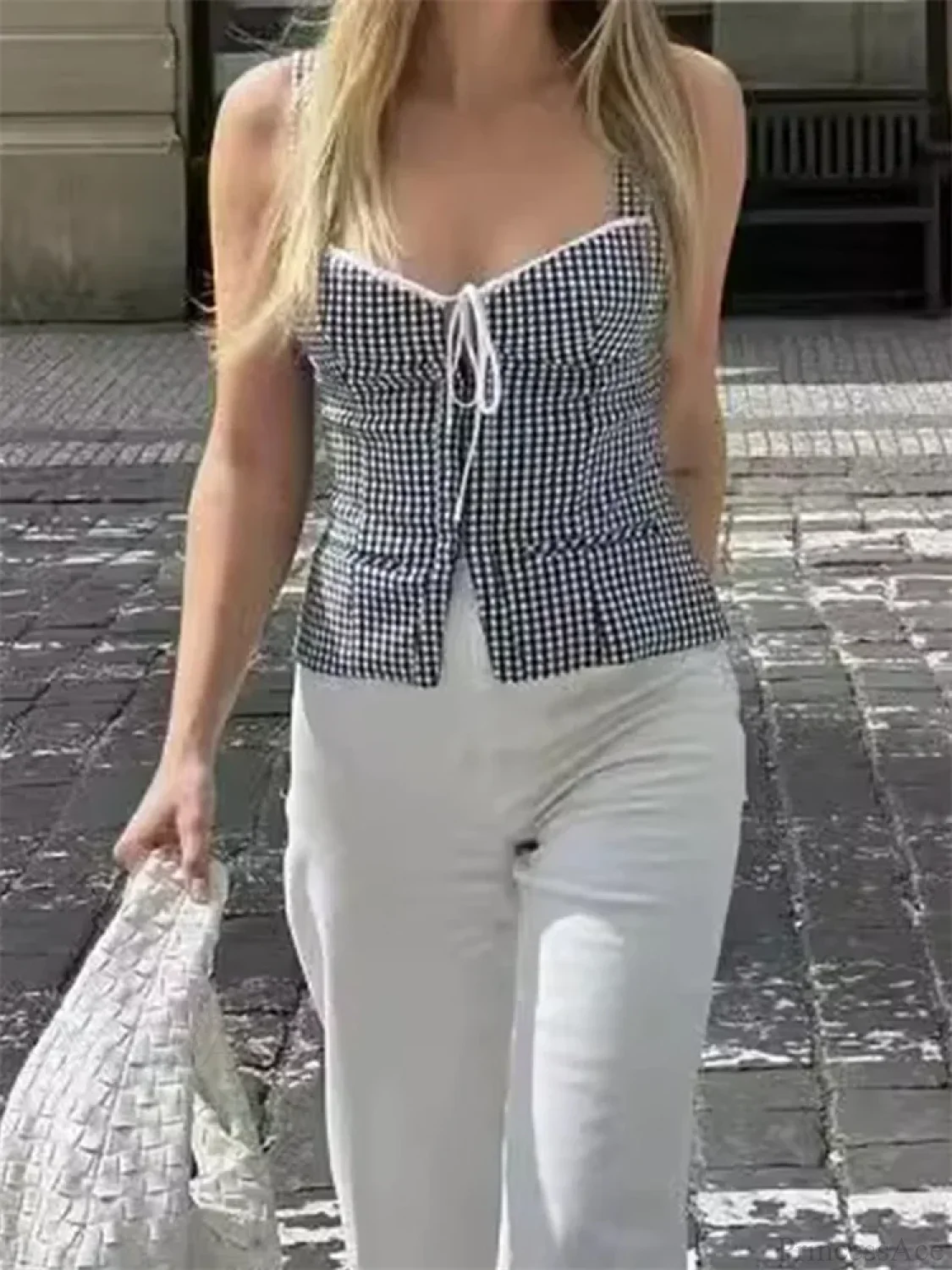 Plaid Backless Tie-up Front Split Tank Crop Top - Image 4