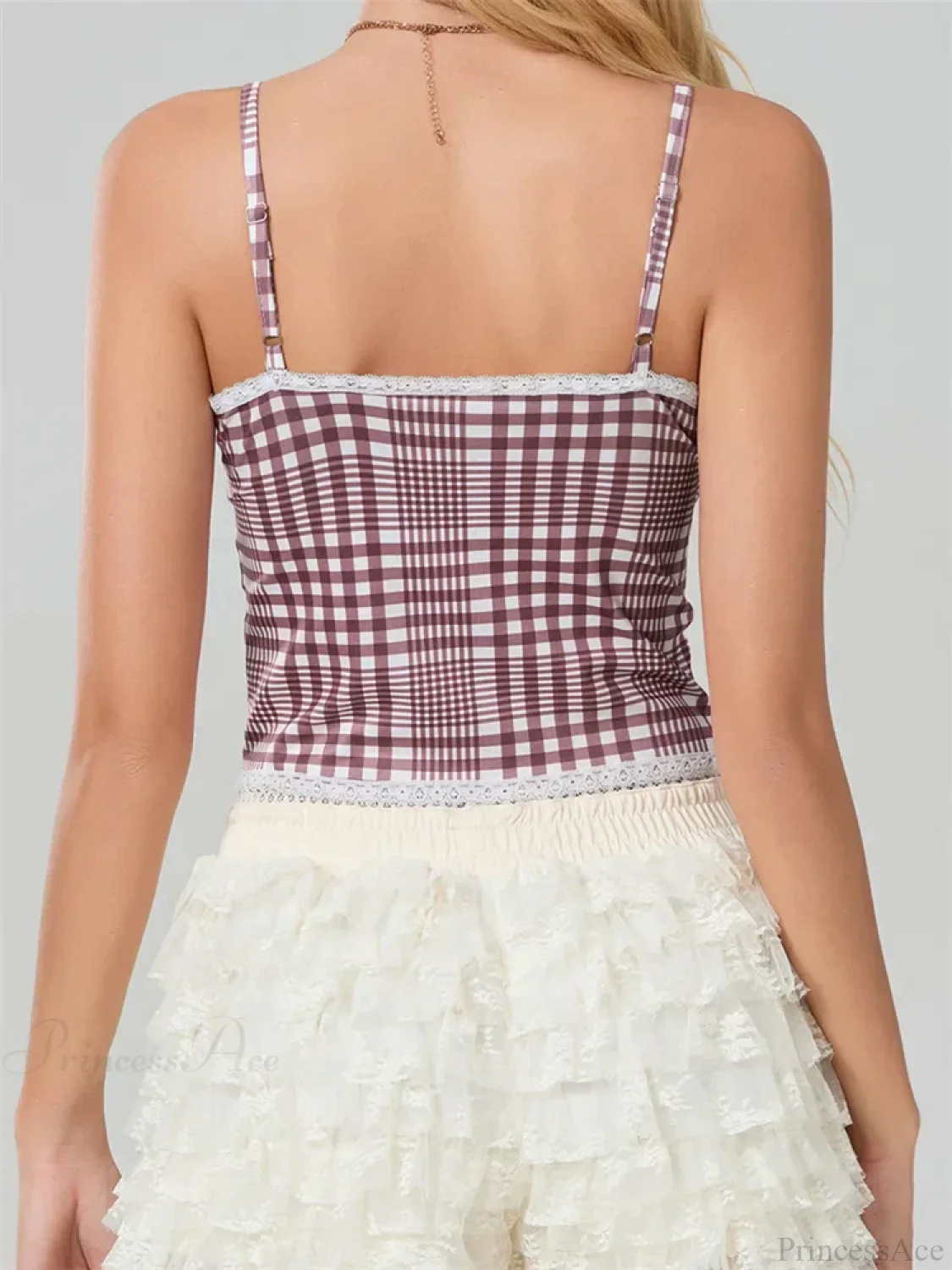 Plaid Bow Lace Trim Square Neck Crop Top - Image 2