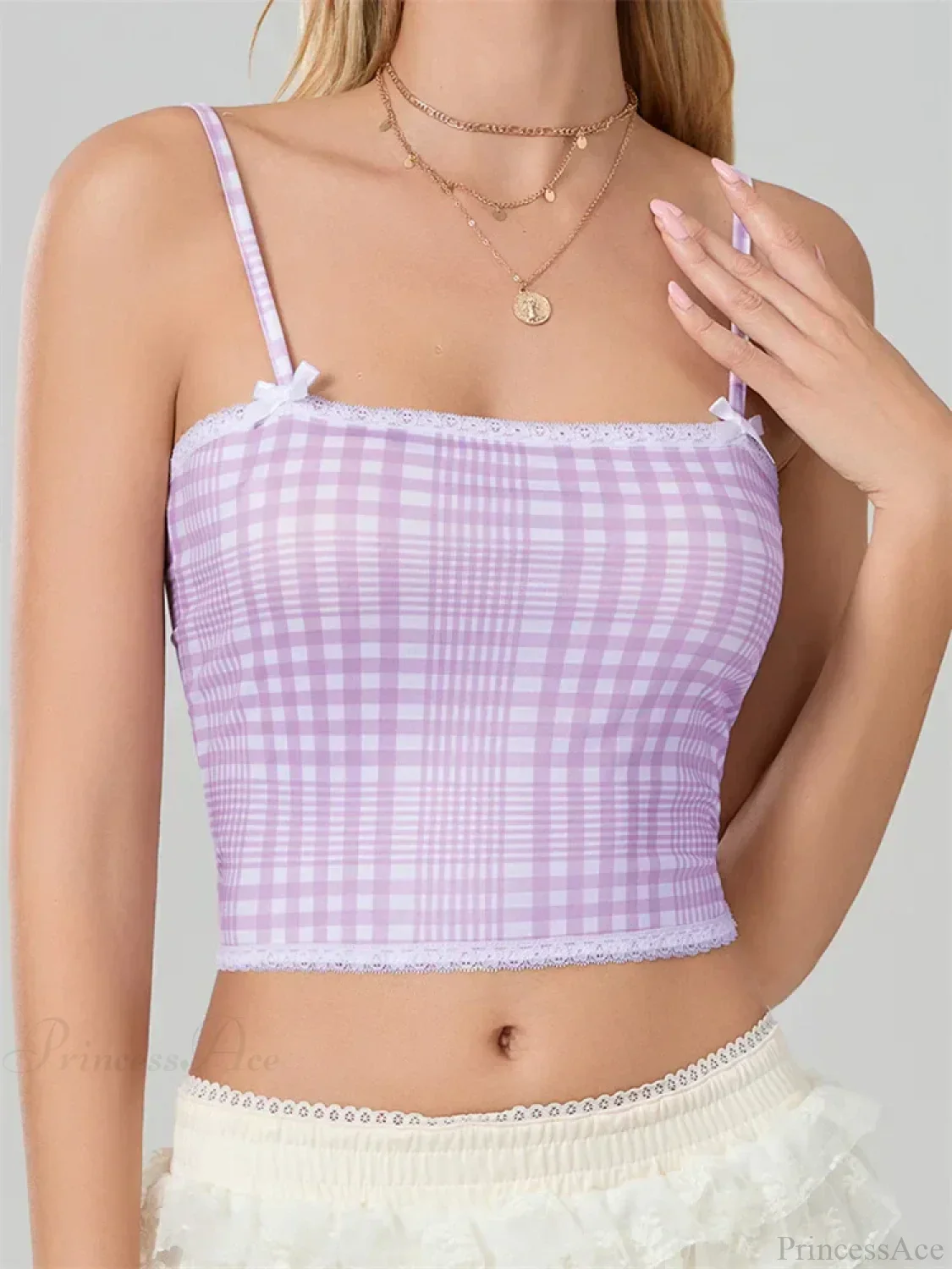 Plaid Bow Lace Trim Square Neck Crop Top - Image 6