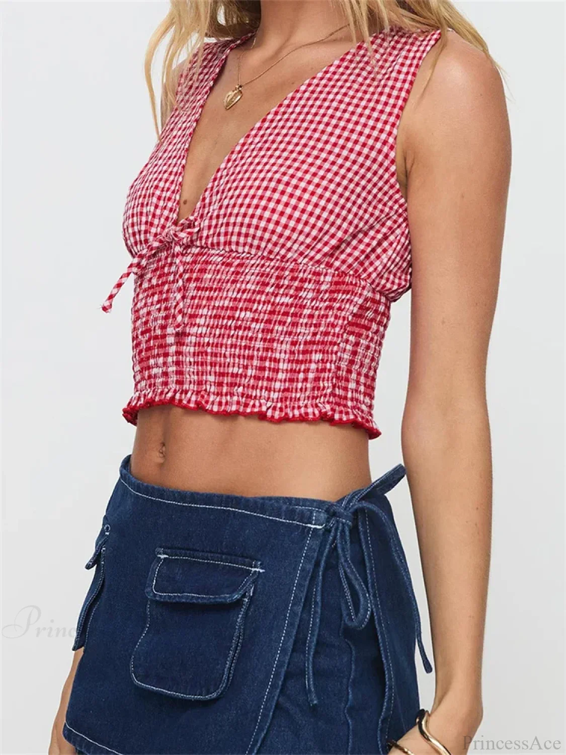 Plaid Bow Ruffle Hem Deep V-neck Crop Top - Image 2