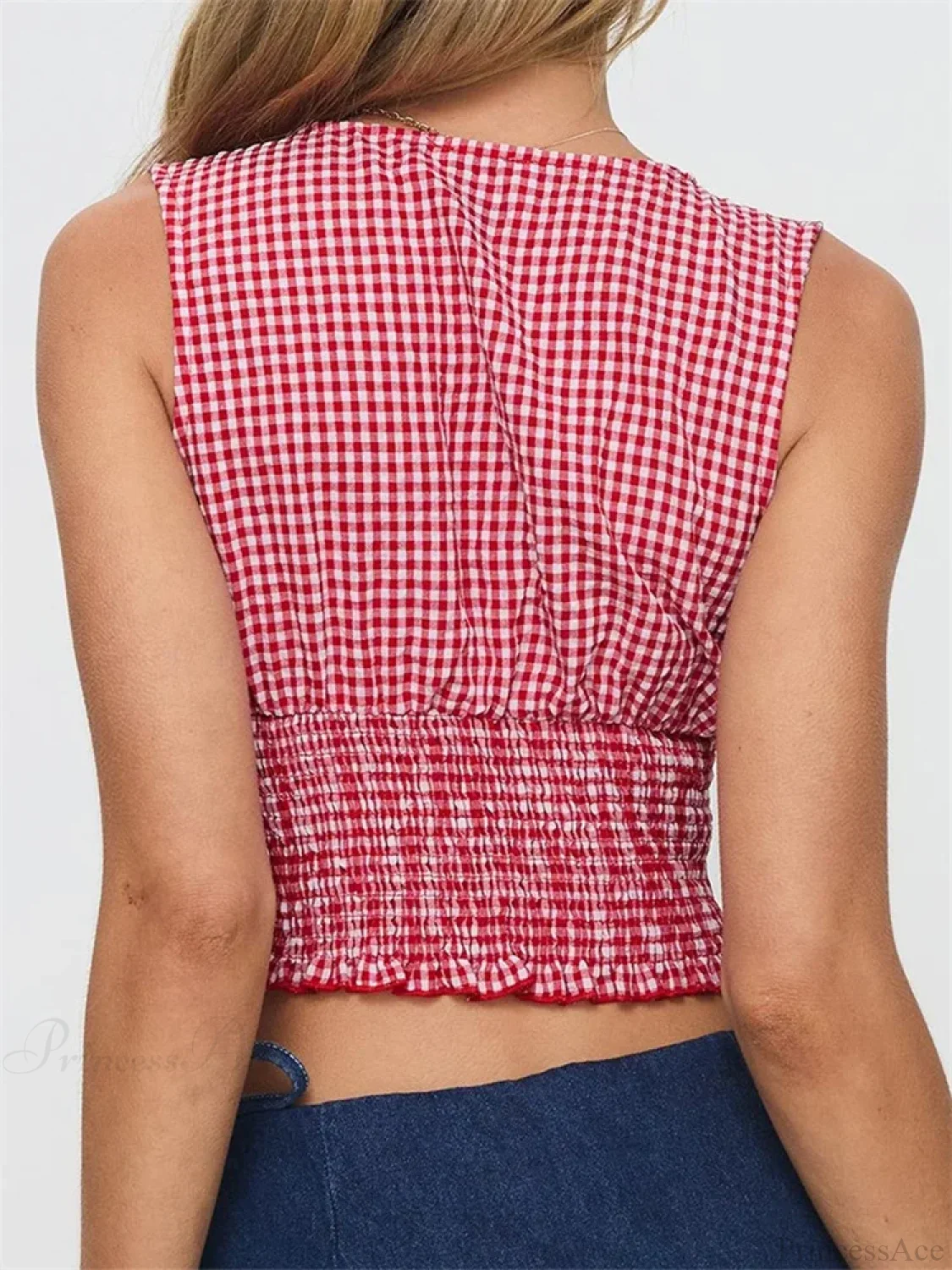Plaid Bow Ruffle Hem Deep V-neck Crop Top - Image 3