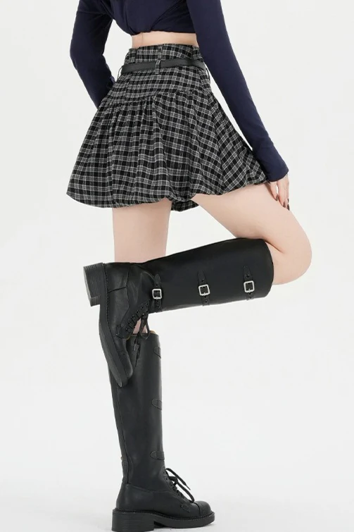 Plaid Bubble A-line Khaki Short Skirt - Image 12