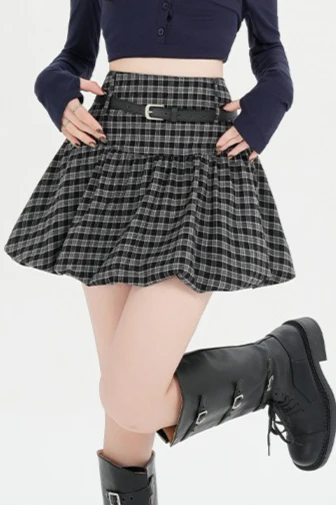 Plaid Bubble A-line Khaki Short Skirt - Image 15