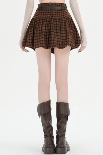 Plaid Bubble A-line Khaki Short Skirt - Image 4