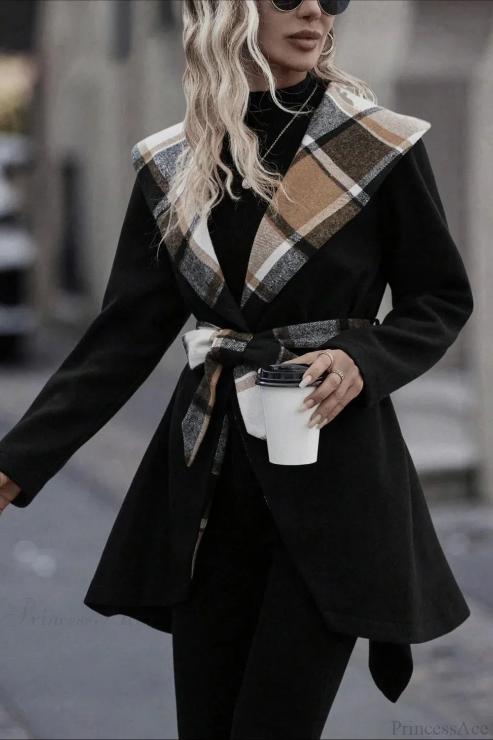 Plaid Color Block Tie Waist Wool Blend Coat - Image 2