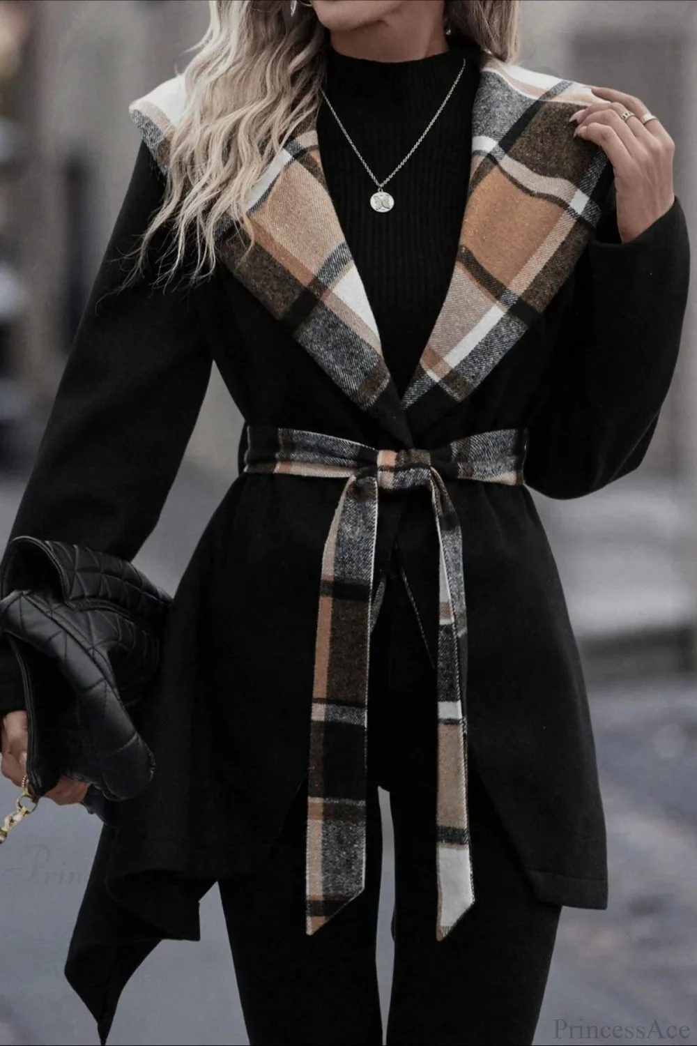 Plaid Color Block Tie Waist Wool Blend Coat - Image 3