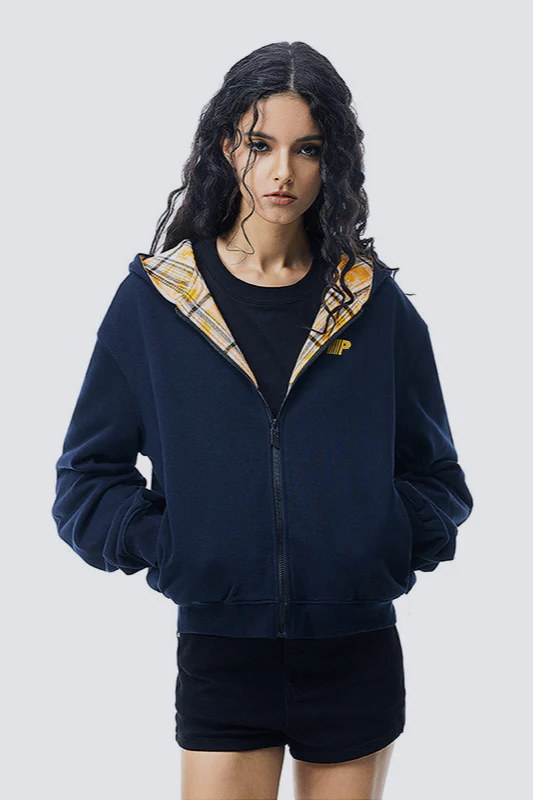 Plaid Color Block Zip Loose Hoodie - Image 4