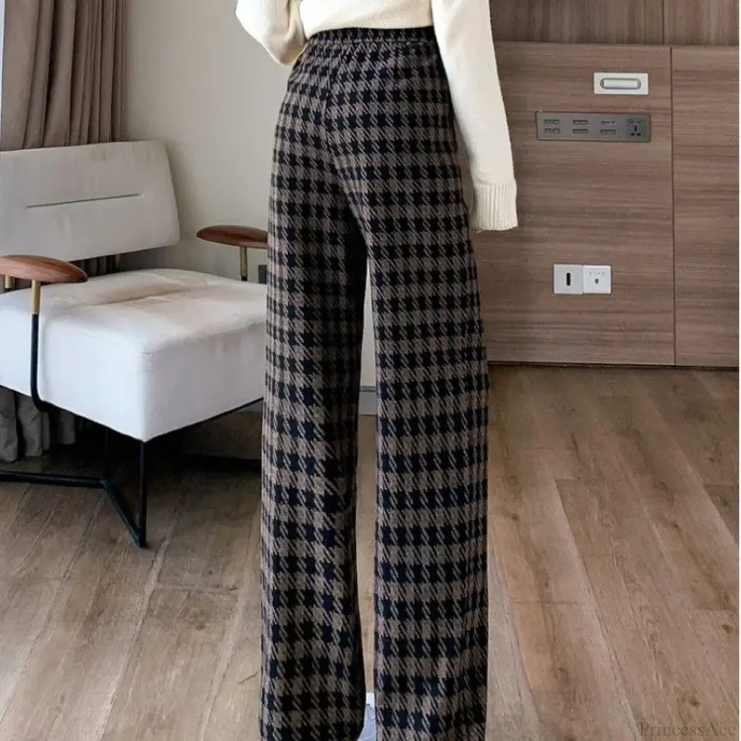 Plaid Drawstring Casual Wide Leg Pants - Image 3