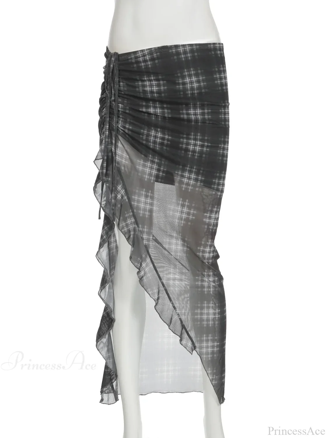 Plaid Drawstring See Through Skirt - Image 4