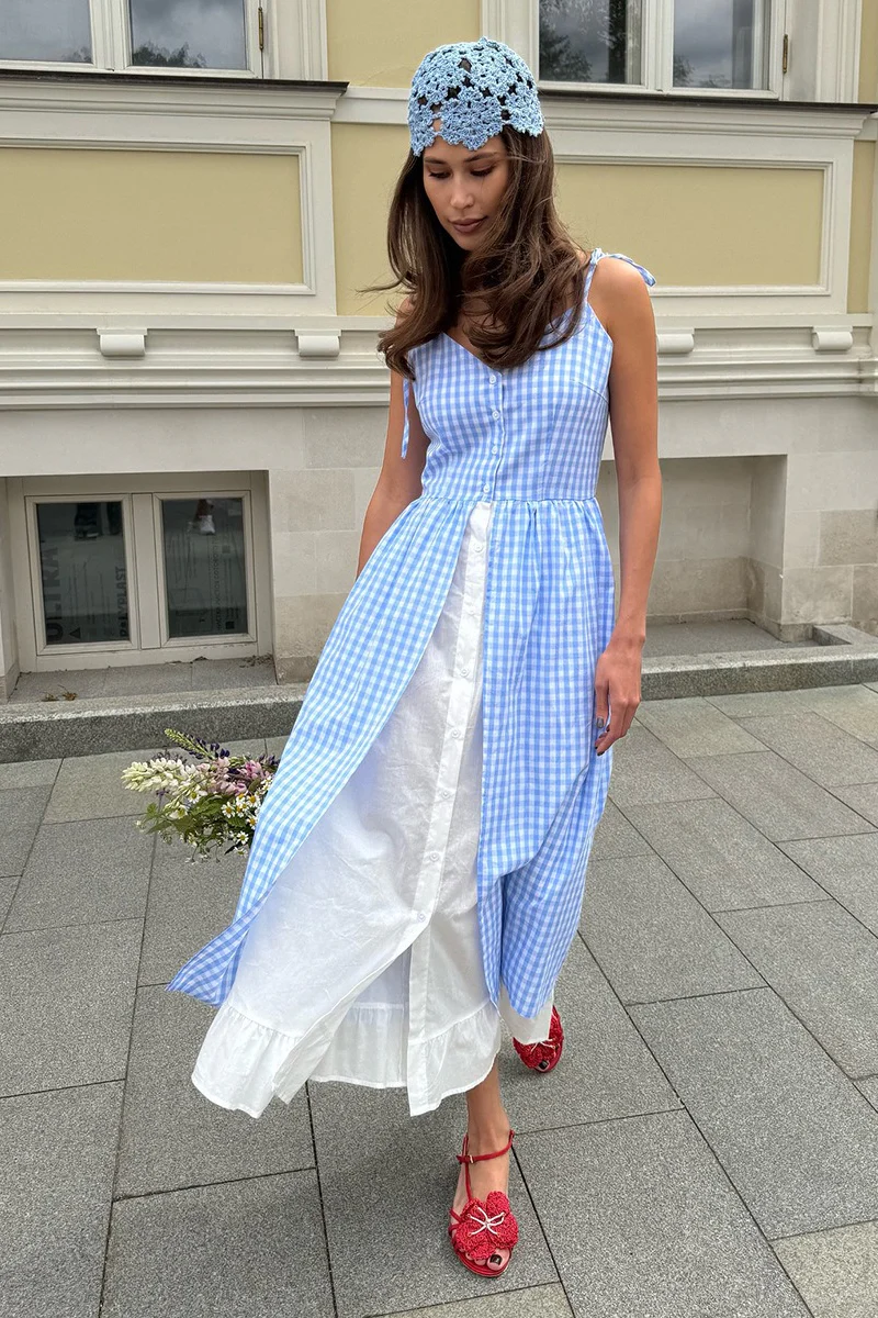 Plaid Fake Two-Piece Single Breasted Spaghetti Strap Midi Dress - Image 4