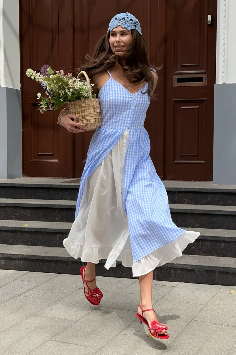Plaid Fake Two-Piece Single Breasted Spaghetti Strap Midi Dress - Image 5