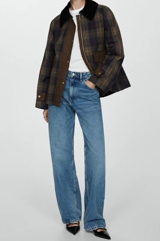 Plaid Faux Fur Collar Zip Decorative Button Coat - Image 2