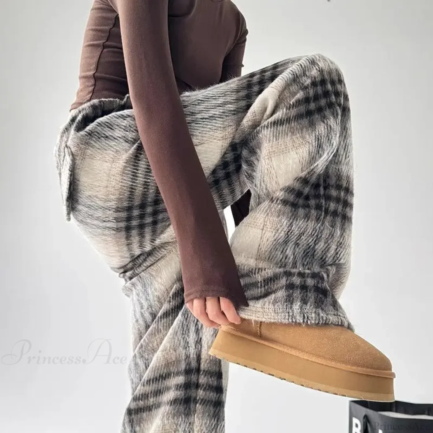 Plaid Fleece High Waist Casual Pants - Image 4