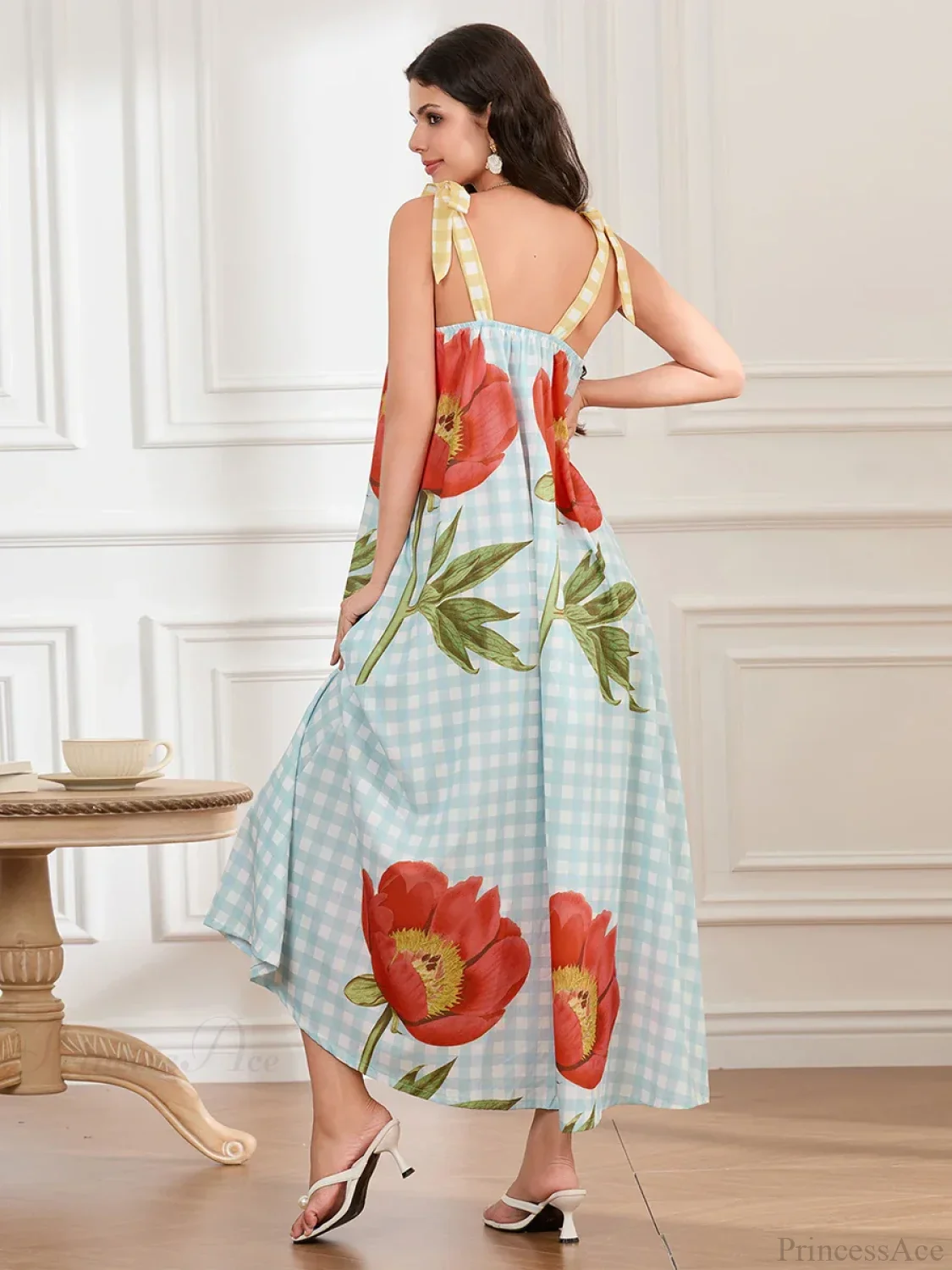 Plaid Flower Sleeveless Tank Floral Dress - Image 3