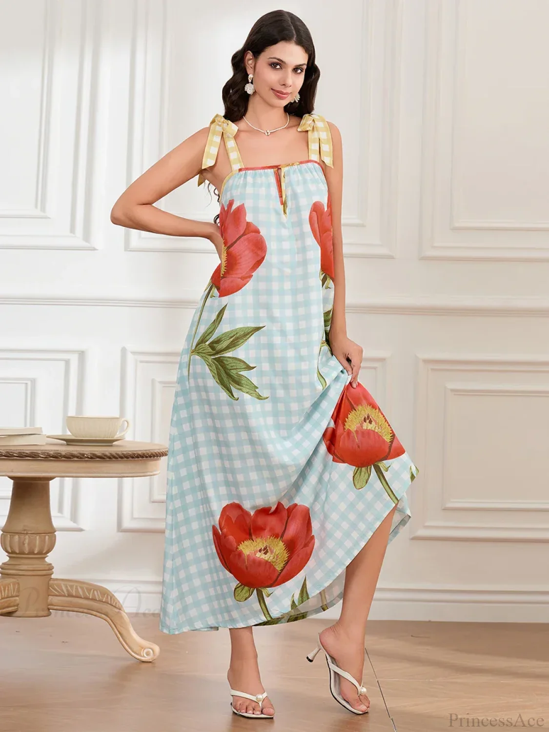 Plaid Flower Sleeveless Tank Floral Dress - Image 4