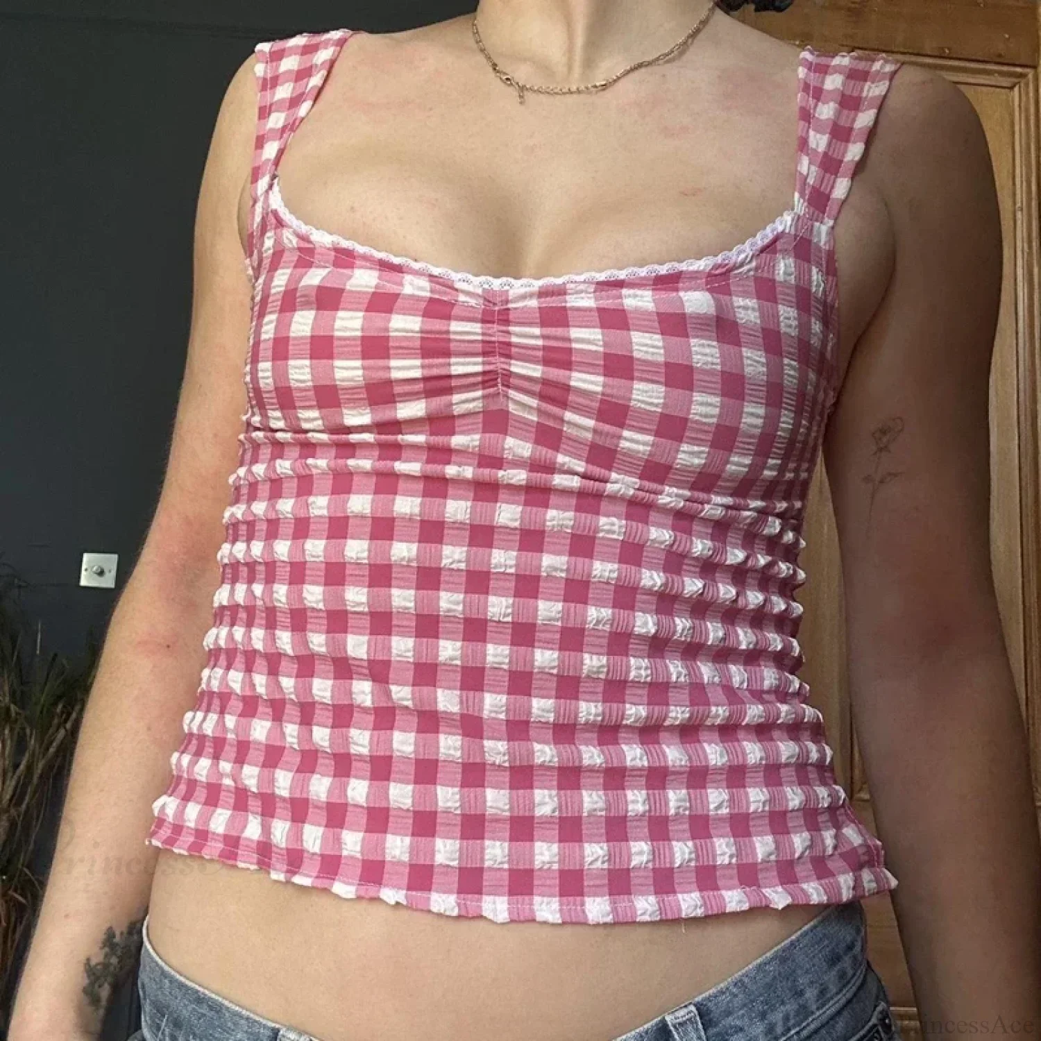 Plaid Gingham Lace Trim Square Collar Slim Fit Y2K Vintage Backless Crop Top - Image 3